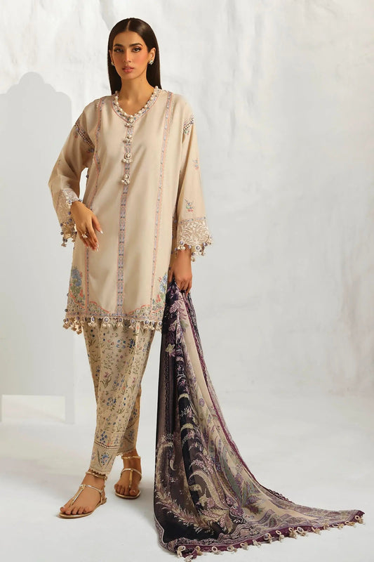 Model wearing Sana Safinaz M242 - 014A - CJ beige dress with detailed purple floral embroidery, perfect for stylish Pakistani lawn suits in the UK.