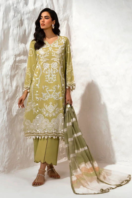 Model wearing Sana Safinaz M242 - 015A - DF olive green dress with white embroidery, perfect for elegant Pakistani lawn suits in the UK.