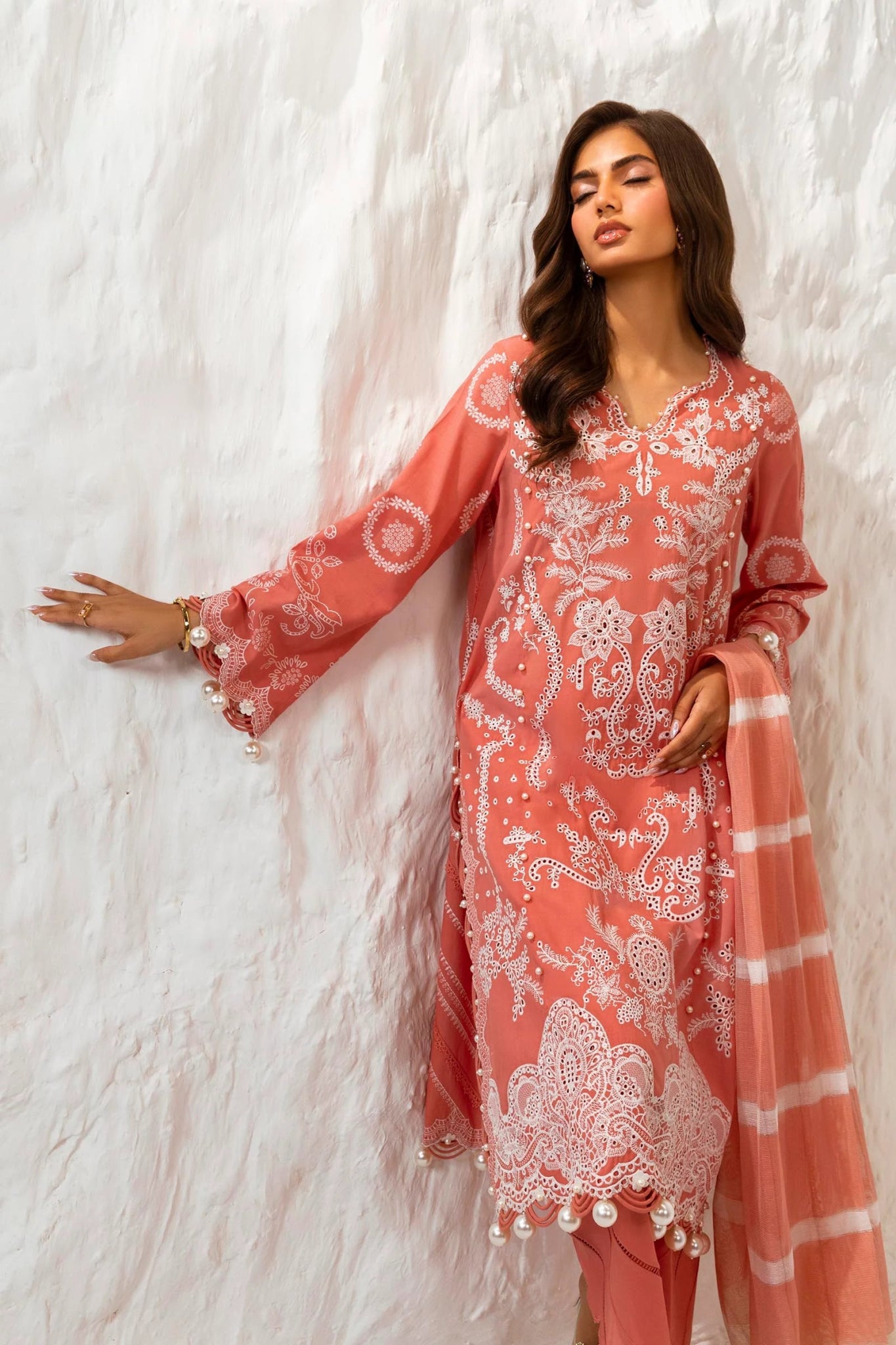 Model wearing Sana Safinaz Muzlin Summer '24, Design M242 - 015B - DF, perfect for Pakistani fashion online in the UK.