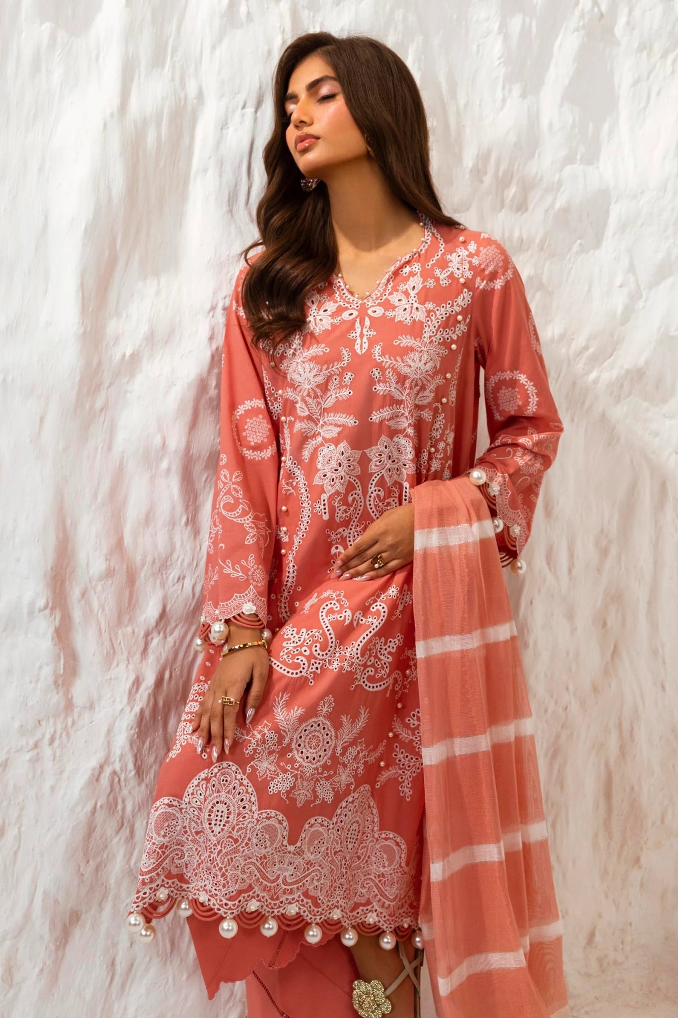 Model wearing Sana Safinaz Muzlin Summer '24, Design M242 - 015B - DF, perfect for Pakistani fashion online in the UK.