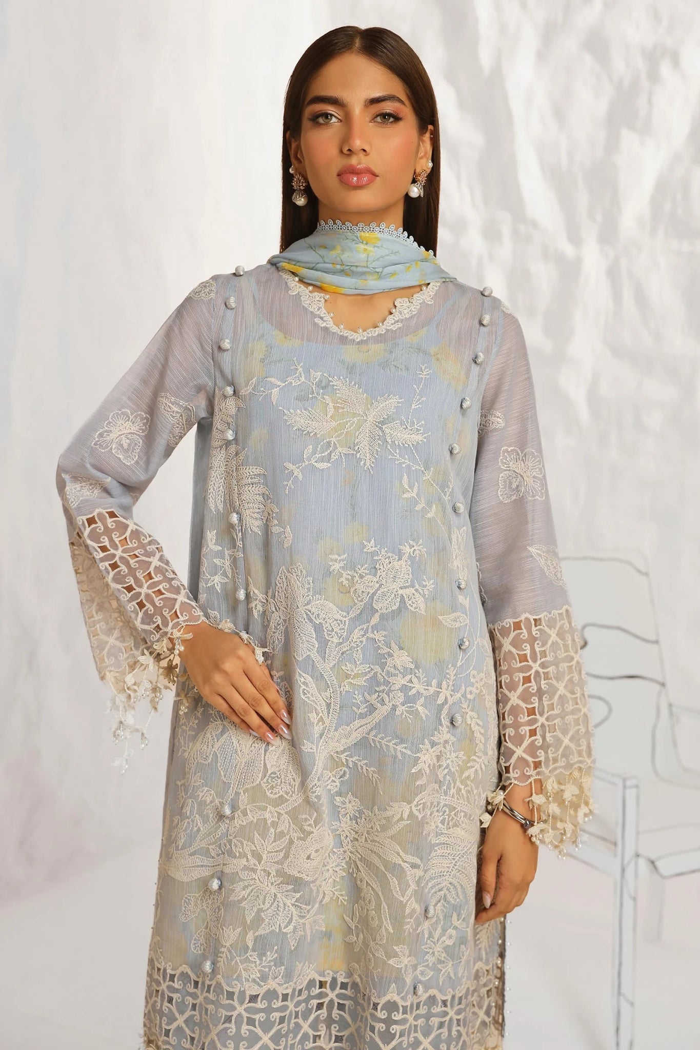 Model wearing Sana Safinaz Muzlin Summer '24, Design M242 - 016A - CJ, ideal for Pakistani fashion online in the UK.