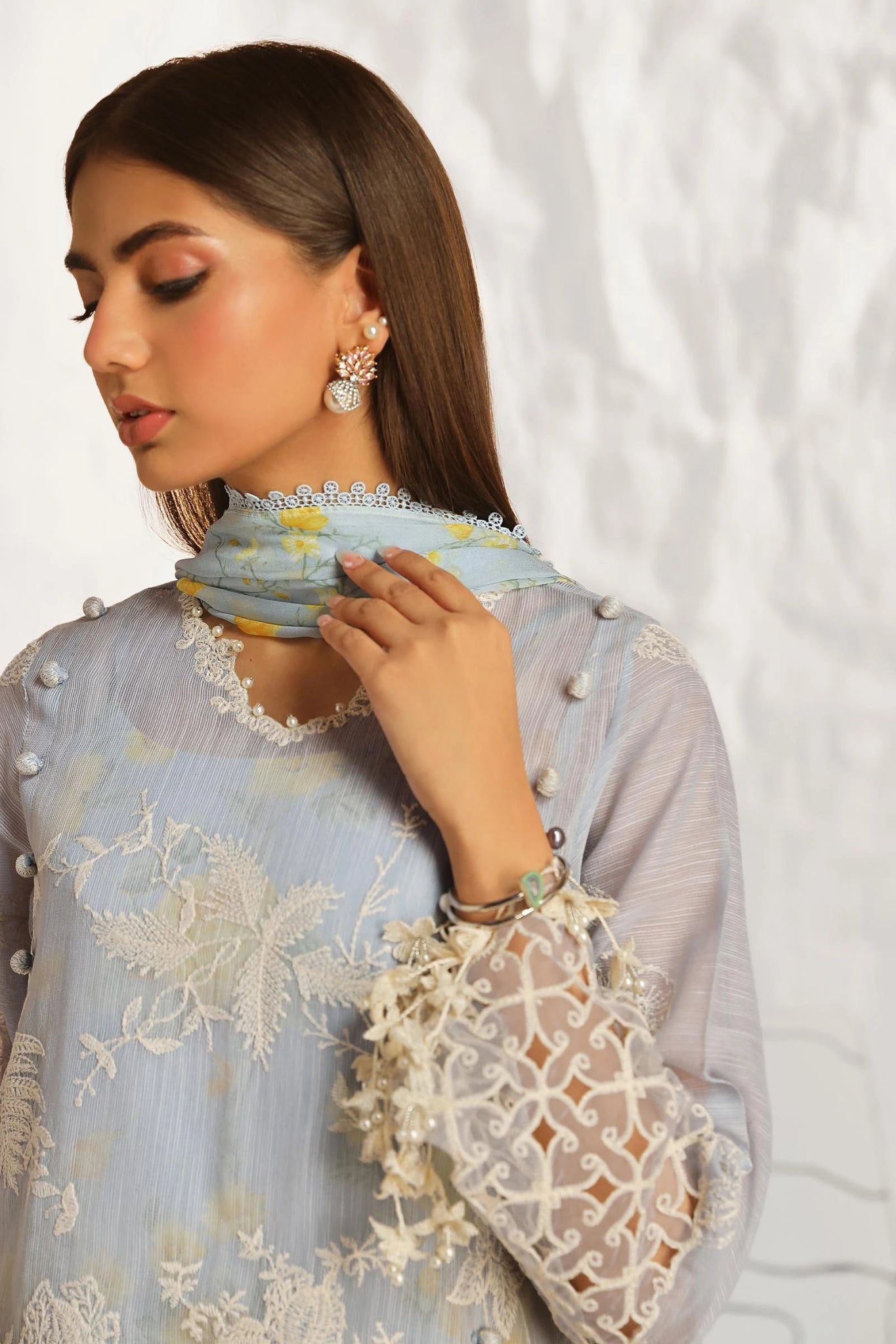 Model wearing Sana Safinaz Muzlin Summer '24, Design M242 - 016A - CJ, ideal for Pakistani fashion online in the UK.