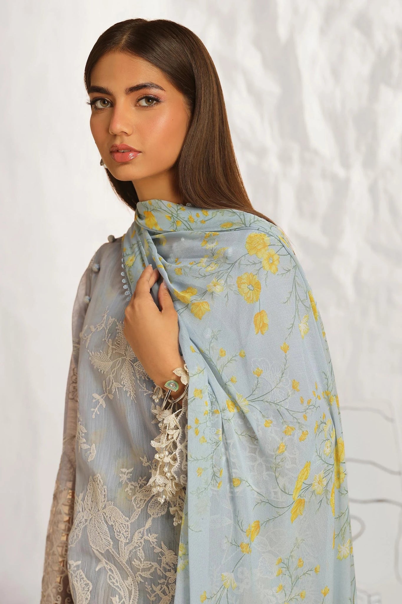 Model wearing Sana Safinaz Muzlin Summer '24, Design M242 - 016A - CJ, ideal for Pakistani fashion online in the UK.