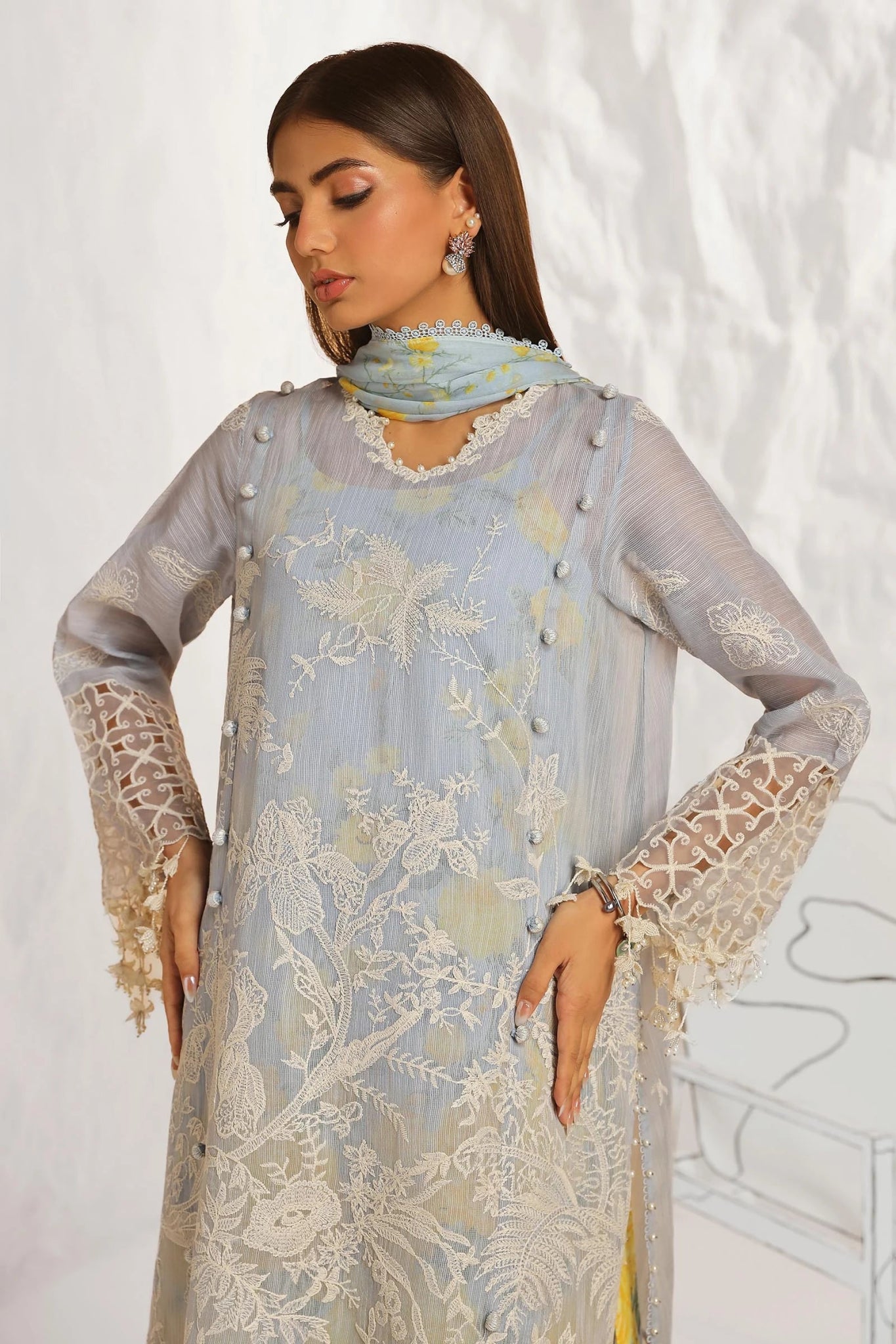 Model wearing Sana Safinaz Muzlin Summer '24, Design M242 - 016A - CJ, ideal for Pakistani fashion online in the UK.