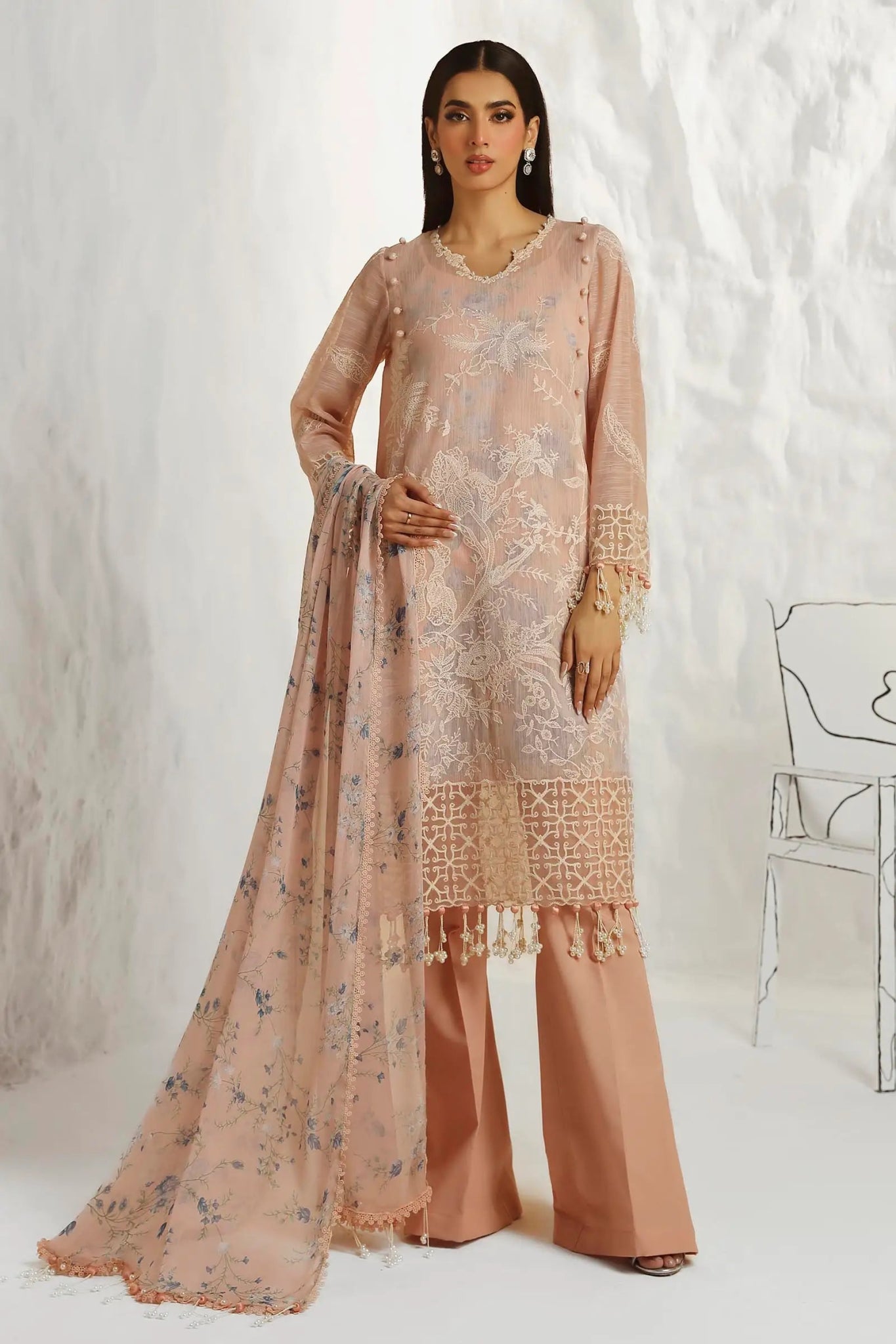 Model wearing Sana Safinaz M242 - 016B - CJ blush pink dress with intricate embroidery, perfect for Pakistani designer lawn suits in the UK.