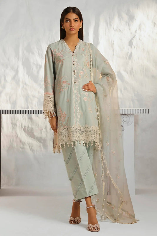 Model wearing Sana Safinaz M242 - 018A - CV light sea green dress with delicate pink floral embroidery, ideal for Pakistani designer lawn suits in the UK.