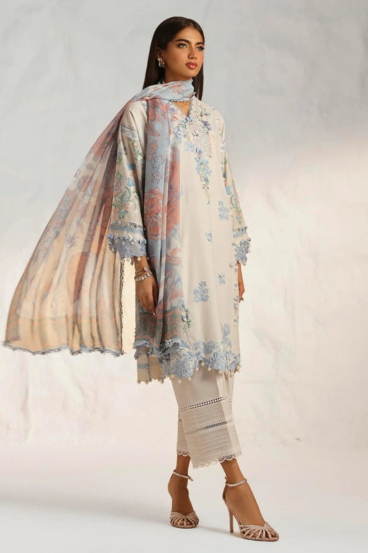 Model wearing Sana Safinaz M242 - 019A - CJ cream dress with floral embroidery, perfect for readymade lawn suits in the UK.