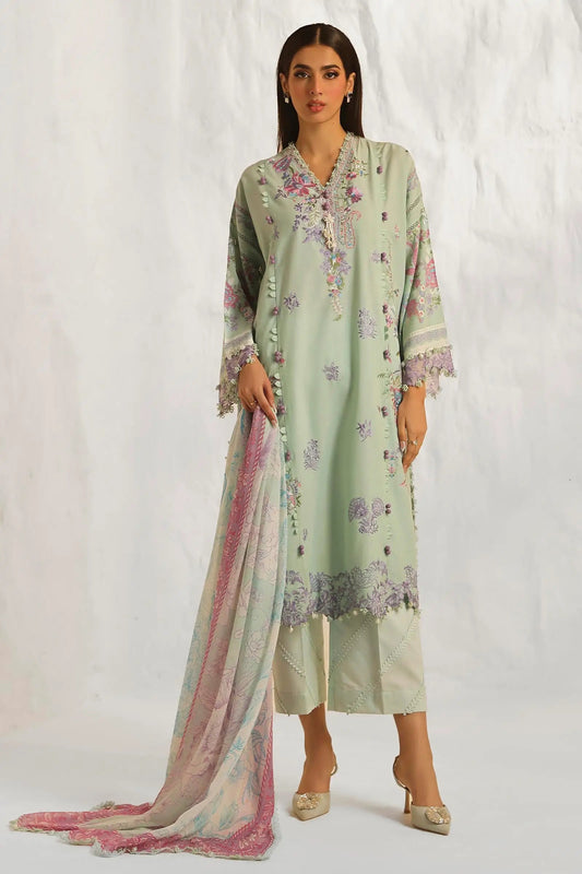 Model wearing Sana Safinaz M242 - 019B - CJ sage green dress, adorned with floral embroidery, ideal for Pakistani designer lawn suits in the UK.