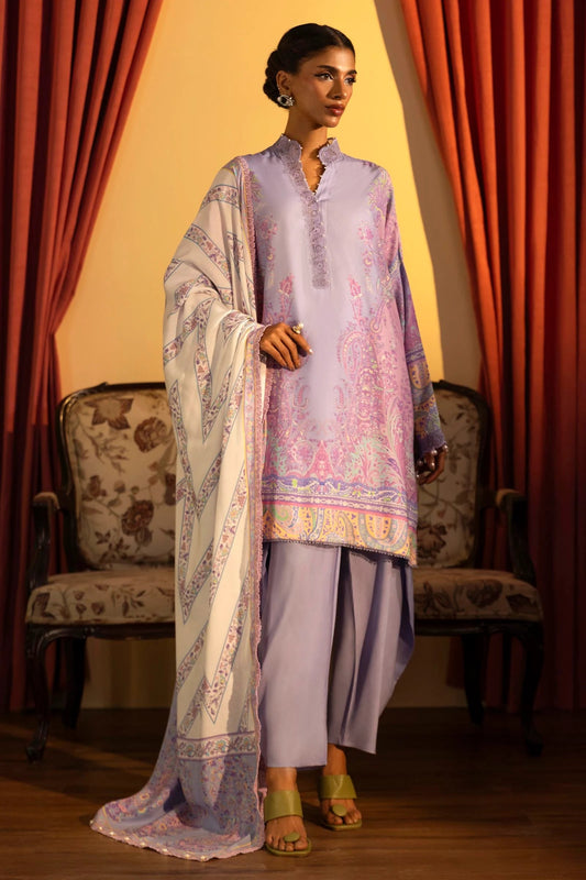 Model wearing a 3 - piece lavender suit featuring a digitally printed linen front, back, and sleeves with intricate patterns, paired with a matching printed dupatta. Styled with dyed cotton pants for an elegant look. Part of the Sana Safinaz Muzlin Winter 2024 collection, available online in the UK.