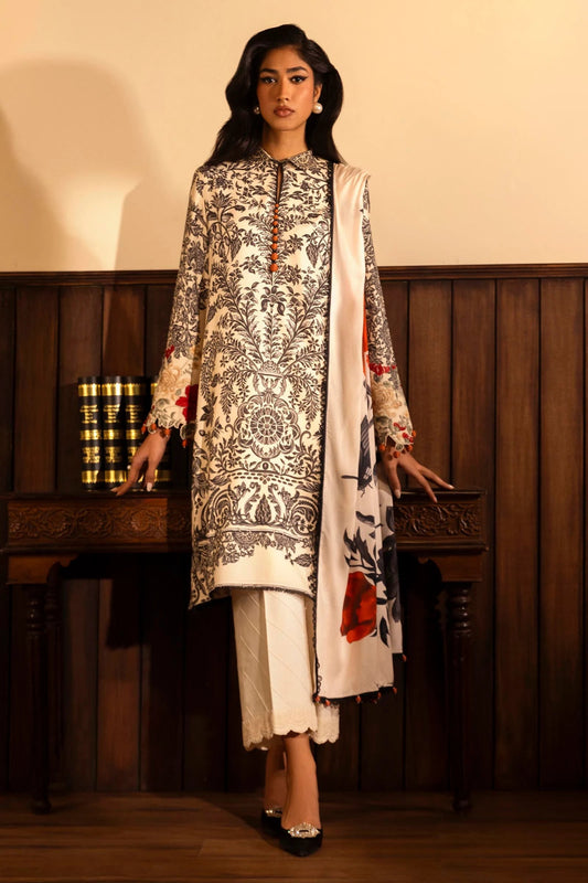 Model wearing a 3 - piece cream and black suit featuring a digitally printed linen front, back, and sleeves with intricate patterns. Styled with an embroidered organza sleeve border, a printed linen dupatta with bold floral accents, and dyed cotton pants for an elegant look. Part of the Sana Safinaz Muzlin Winter 2024 collection, available online in the UK.