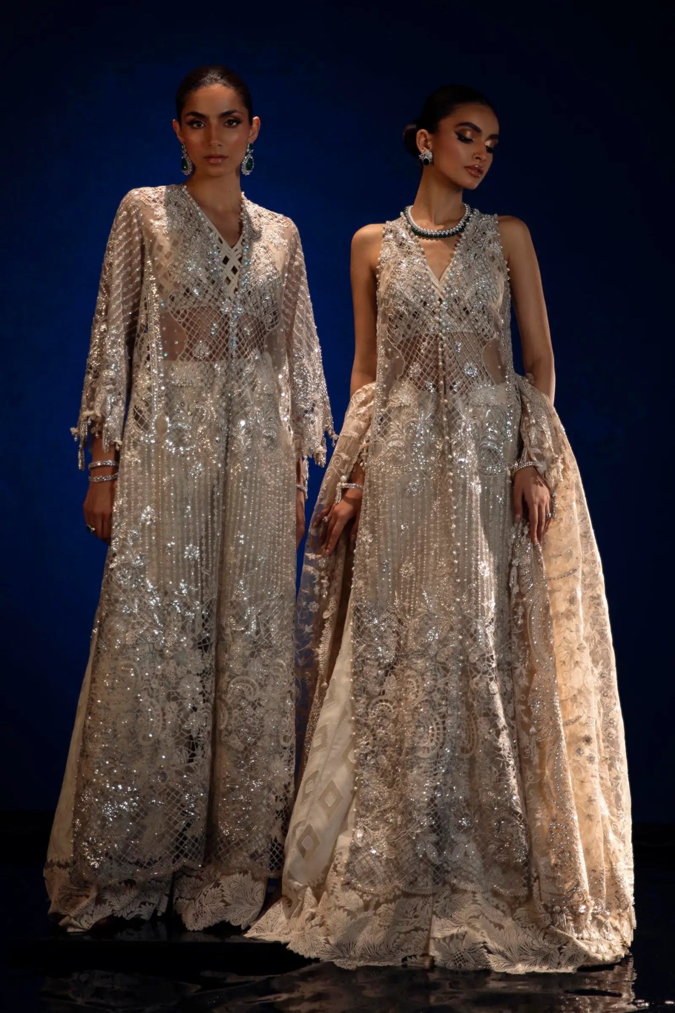 Models in Sana Safinaz N241 - 001 - 3CT attire, sparkling Pakistani dresses from UK's NURA Festive line.