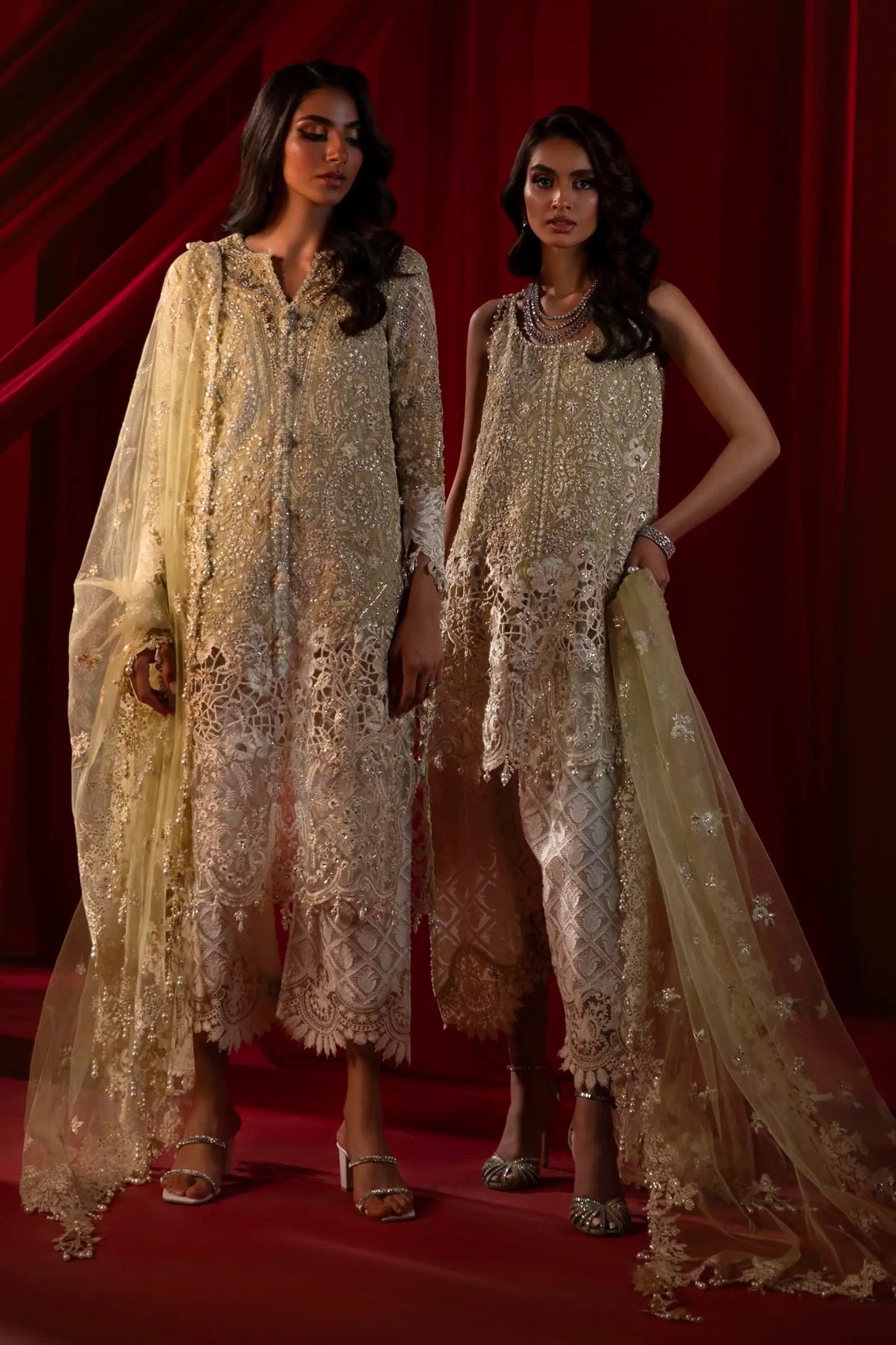 Models in Sana Safinaz N241 - 003 - 3CT embellished dresses from UK's NURA Festive Collection.