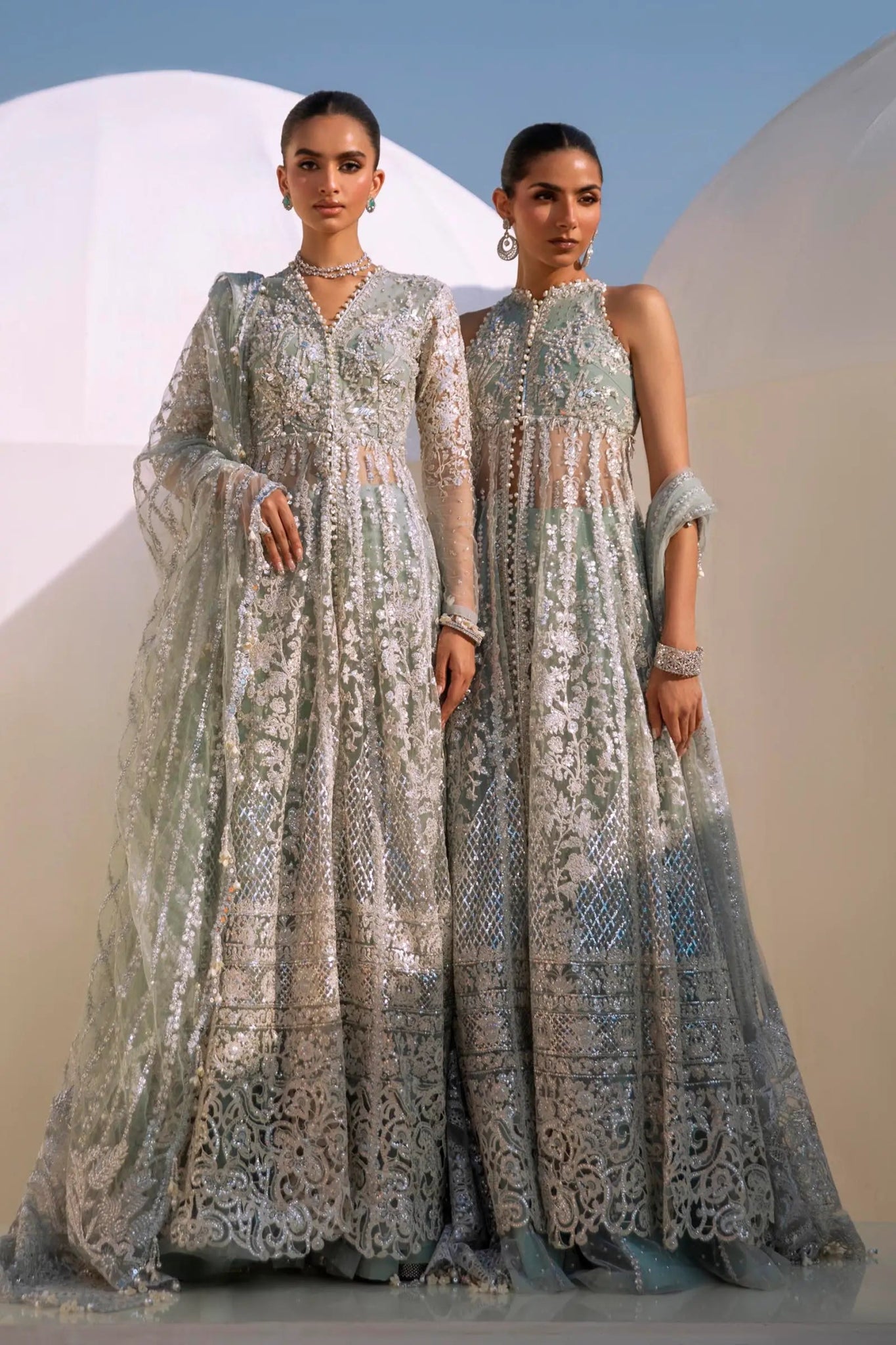 Models in Sana Safinaz N241 - 004 - 3CT luxe embellished gowns, from NURA Collection.