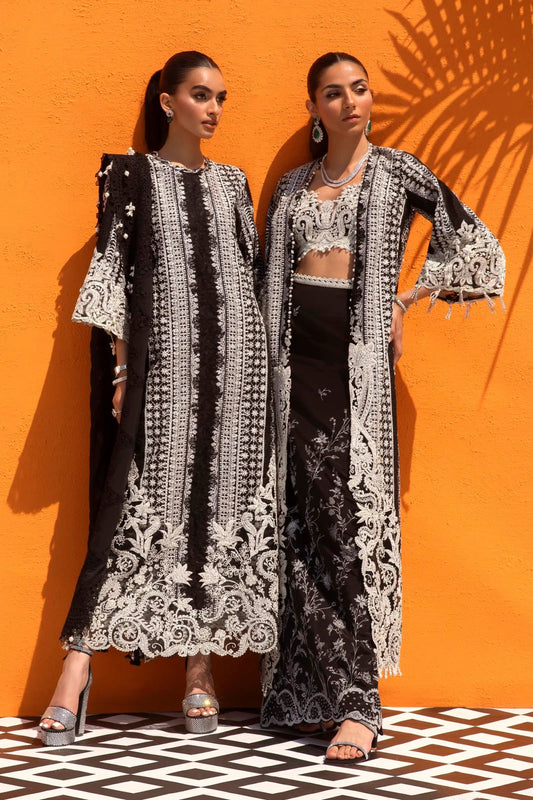 Models in black and white Sana Safinaz N241 - 005 - 3CJ dresses, UK Pakistani fashion.