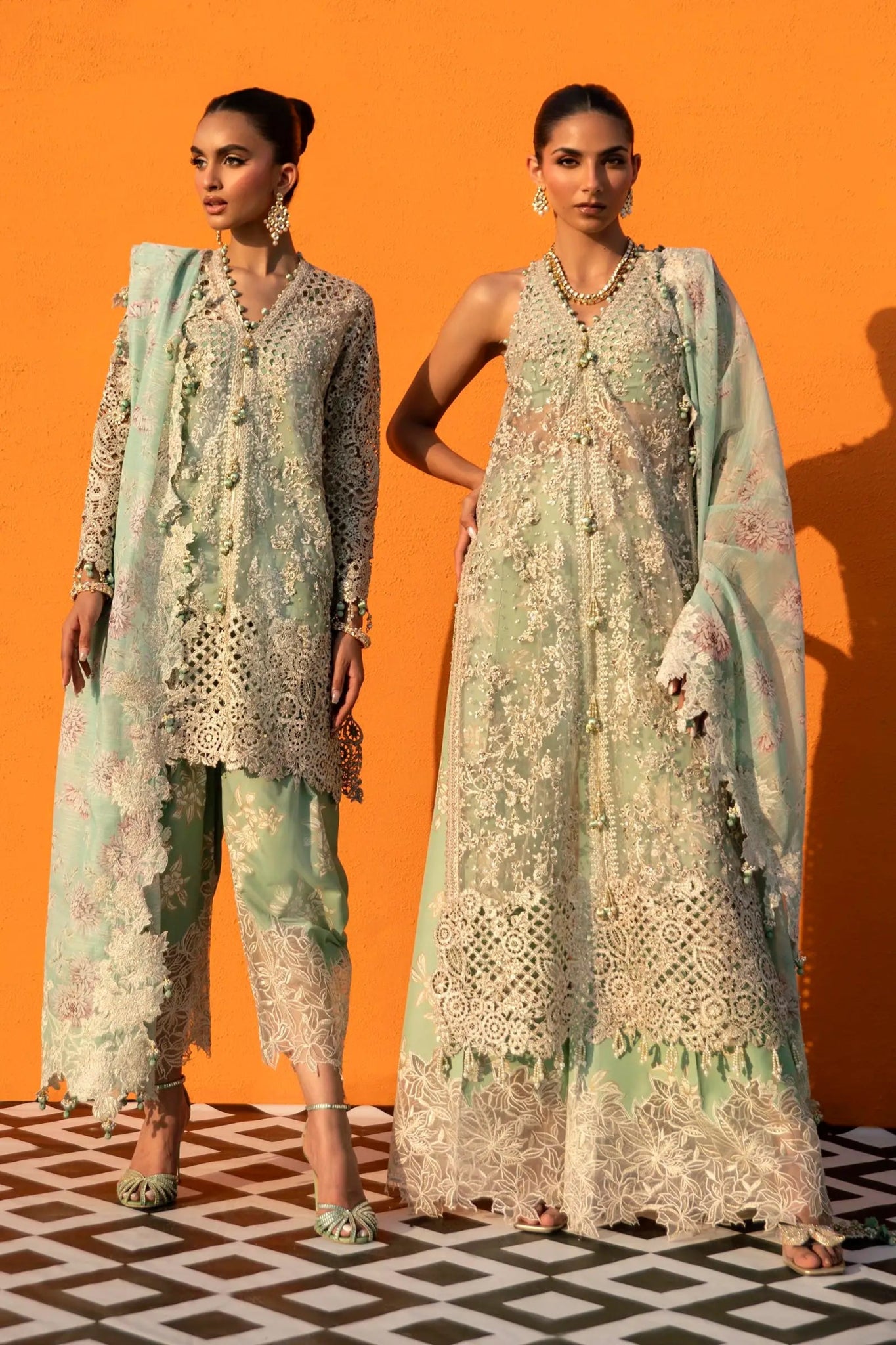 Model in Sana Safinaz N241 - 007 - 3CV mint embellished dress, Pakistani clothes UK.