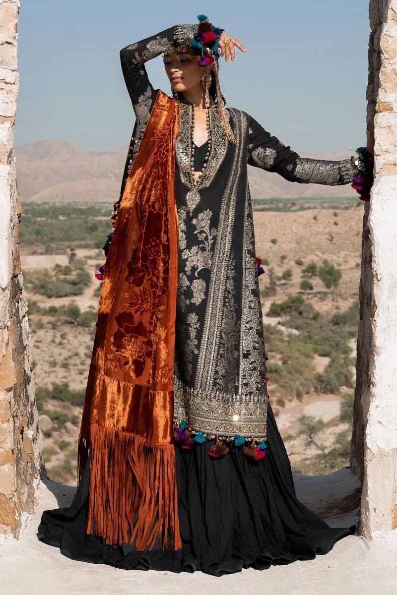 Model wearing Sana Safinaz Winter Luxury '23 S231 - 001A - DF dress, highlighting Pakistani clothes online in the UK.