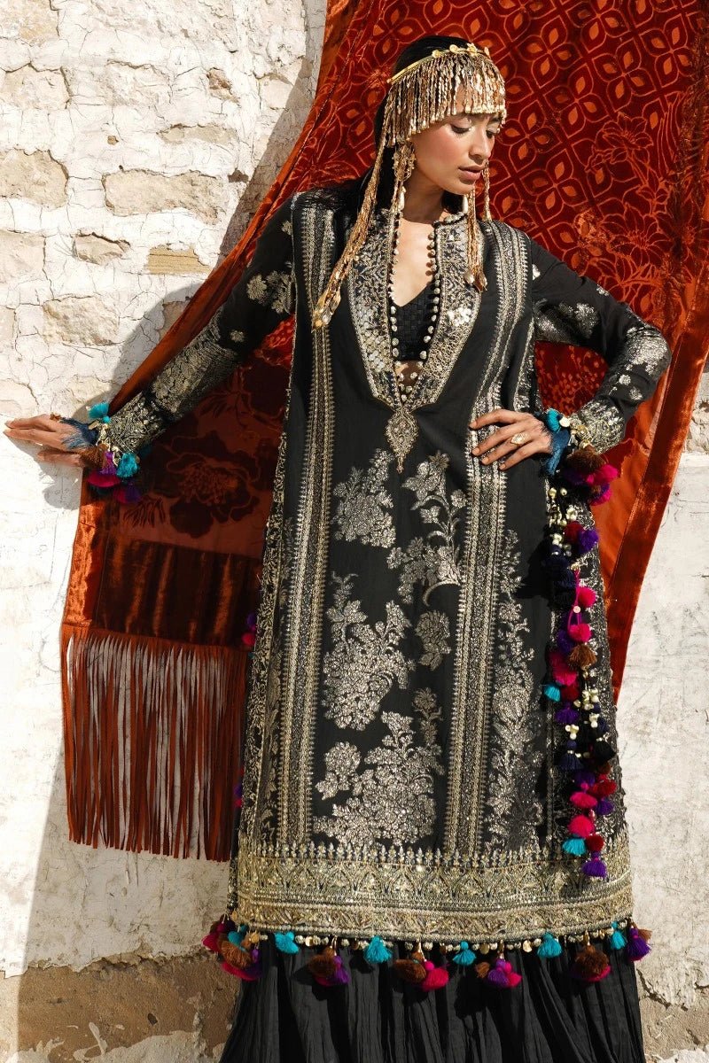 Model wearing Sana Safinaz Winter Luxury '23 S231 - 001A - DF dress, highlighting Pakistani clothes online in the UK.