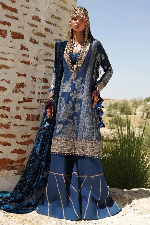 Model wearing Sana Safinaz Winter Luxury 23 S231-001B-DF dress, highlighting Pakistani clothes online in UK.