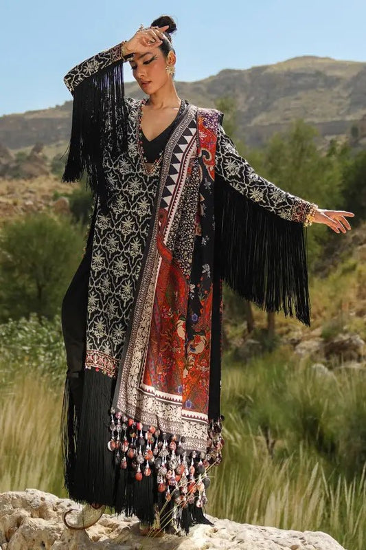 Model wearing Sana Safinaz Winter Luxury 23 S231-002A-CP dress, highlighting Pakistani clothes online in UK.