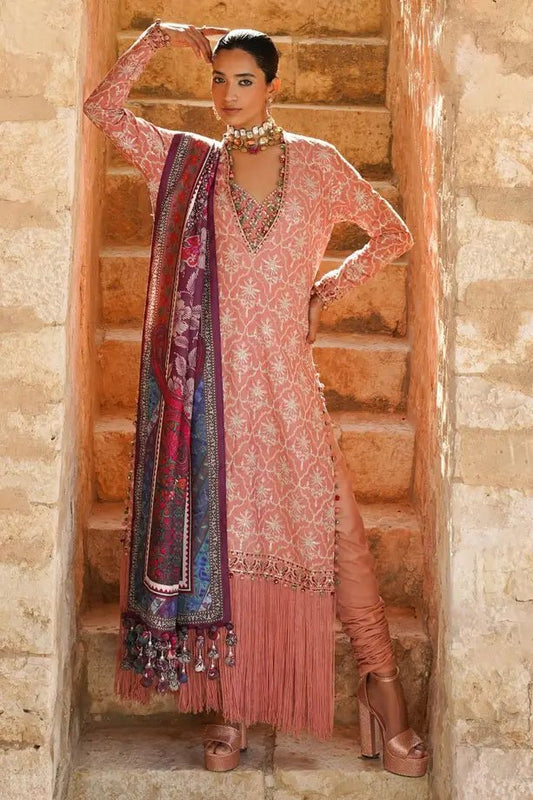 Model wearing Sana Safinaz Winter Luxury 23 S231-002B-CP dress, showcasing Pakistani clothes online in UK.