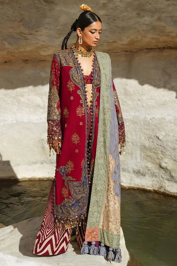 Model wearing Sana Safinaz Winter Luxury 23 S231-003B-CP dress, showcasing Pakistani clothes online in UK.