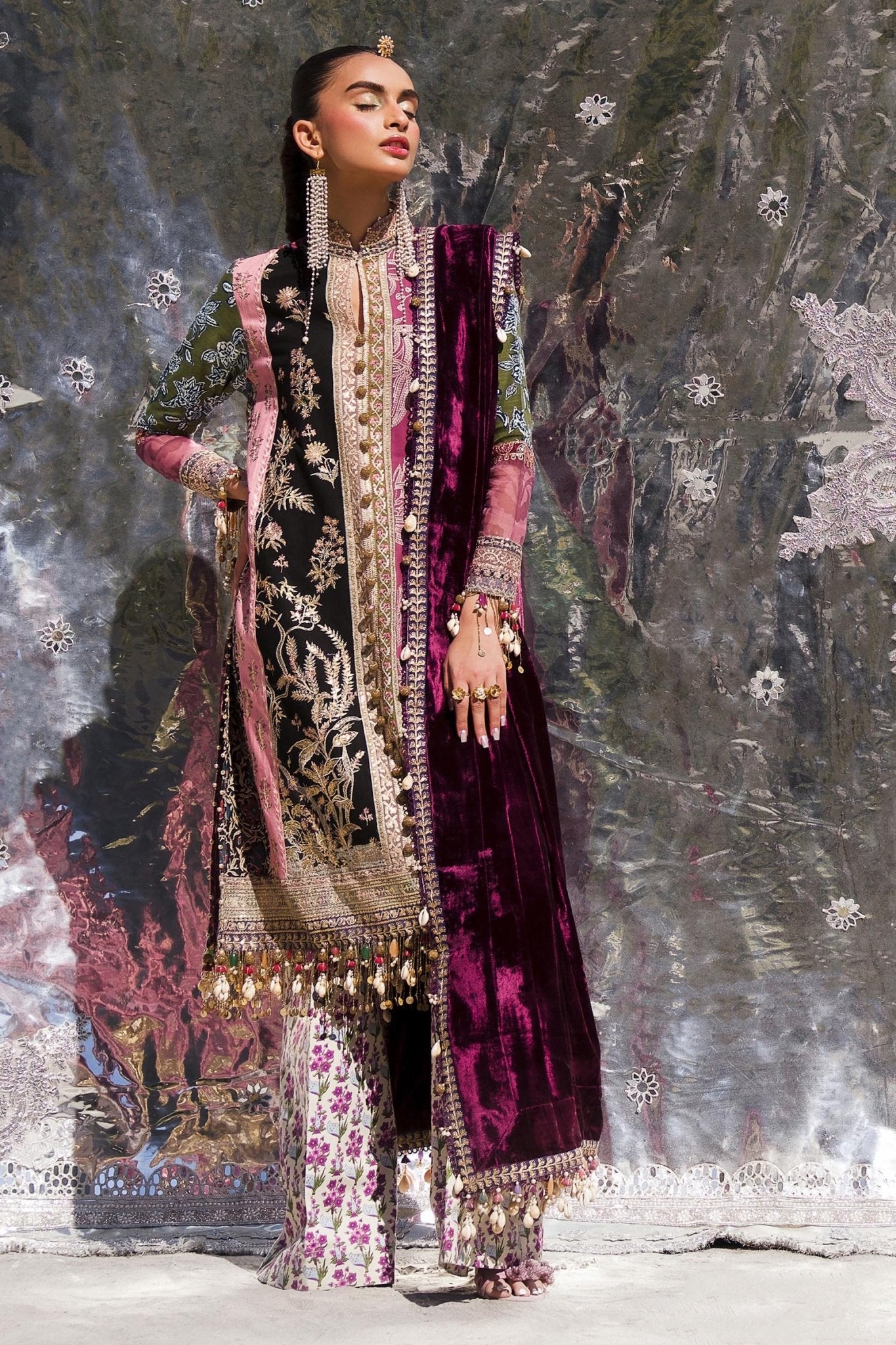 Model wearing S241 - 006A - 3CP from Sana Safinaz Winter Luxury '24, highlighting luxurious design perfect for weddings. Pakistani clothes online in UK at Signature Labels.