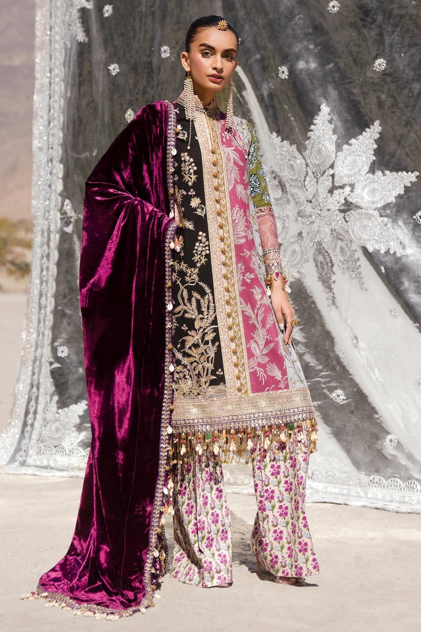 Model wearing S241 - 006A - 3CP from Sana Safinaz Winter Luxury '24, highlighting luxurious design perfect for weddings. Pakistani clothes online in UK at Signature Labels.