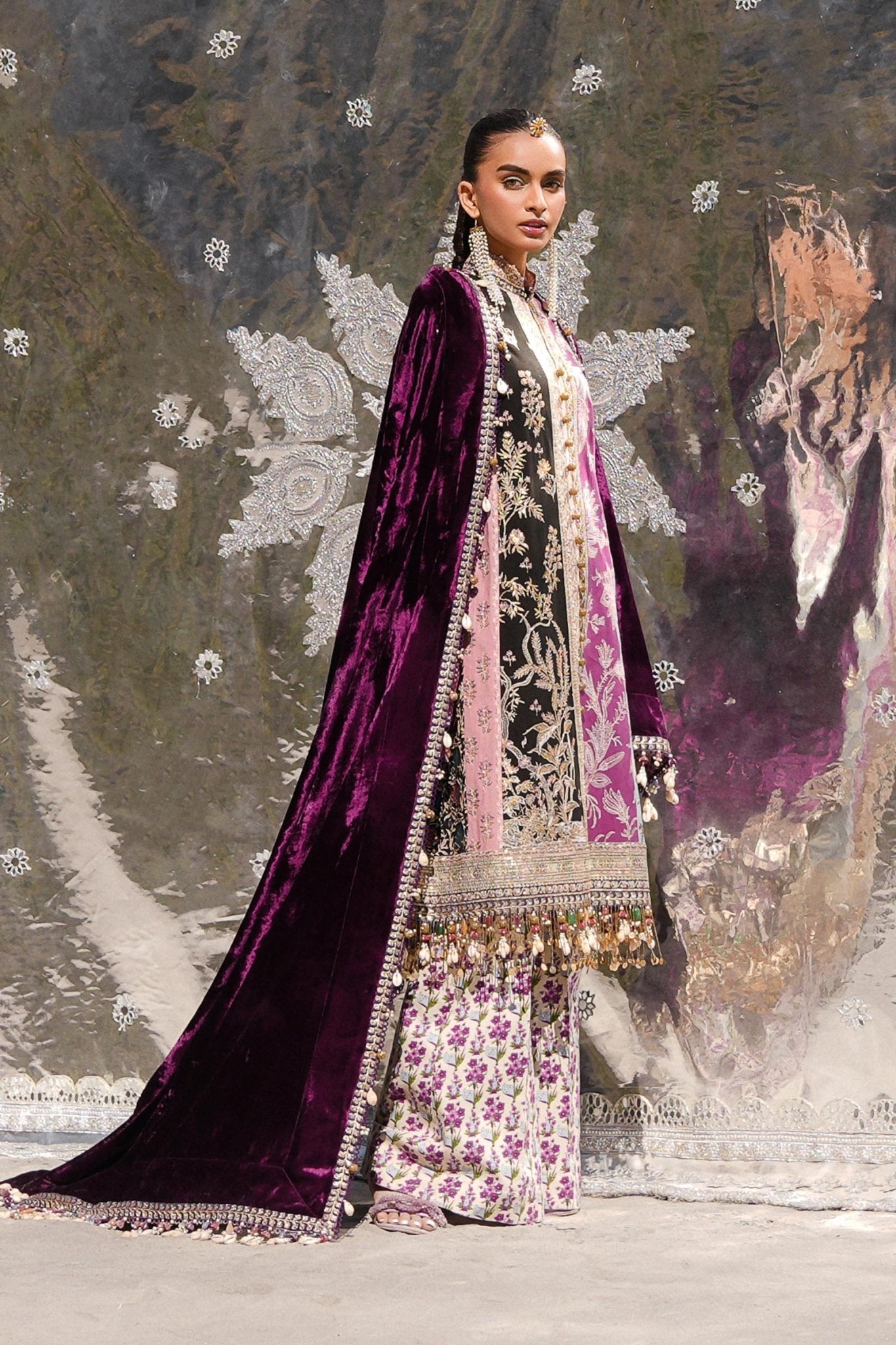 Model wearing S241 - 006A - 3CP from Sana Safinaz Winter Luxury '24, highlighting luxurious design perfect for weddings. Pakistani clothes online in UK at Signature Labels.