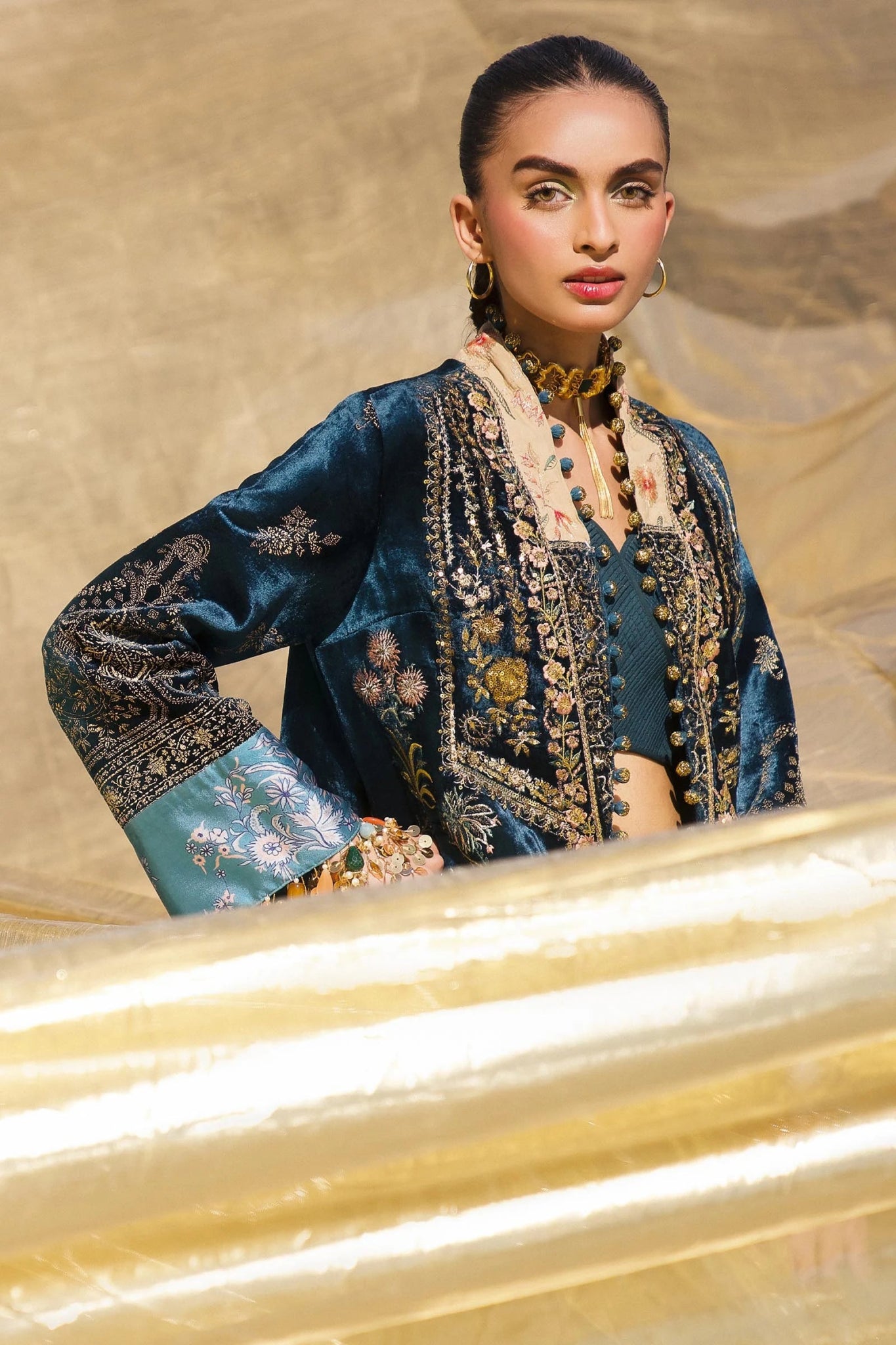 Model wearing V241 - 003 - 3CP from Sana Safinaz Winter Luxury '24, featuring intricate details and rich hues. Pakistani clothes online in UK at Signature Labels.