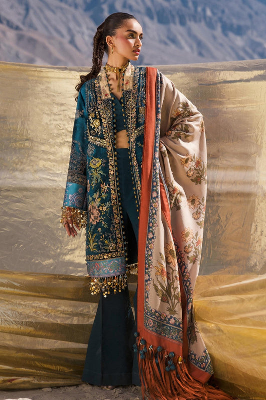 Model wearing V241 - 003 - 3CP from Sana Safinaz Winter Luxury '24, featuring intricate details and rich hues. Pakistani clothes online in UK at Signature Labels.