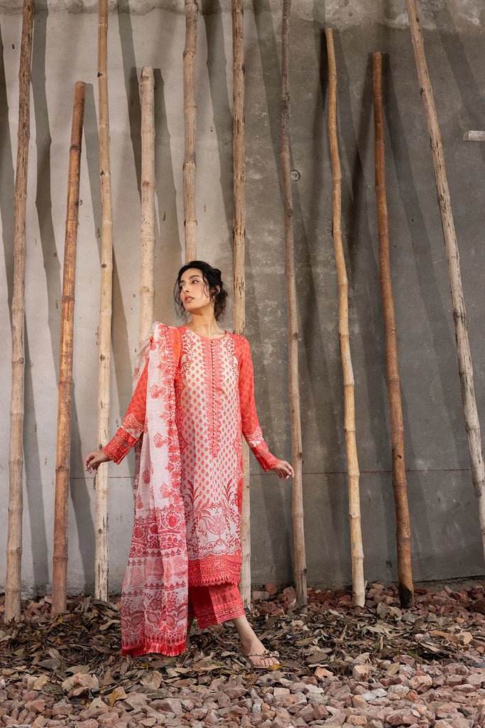 Model wearing coral and cream - colored Design 1B from Sobia Nazir's Fall Edit '24 collection. Pakistani winter clothes, casual pret available online in the UK.