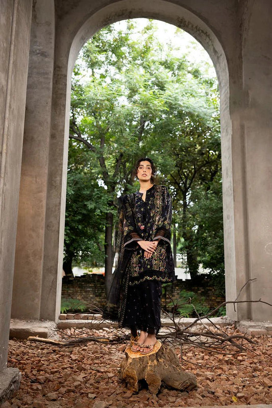 Model wearing black floral embroidered Design 2B from Sobia Nazir's Fall Edit '24 collection. Pakistani winter clothes, casual pret available online in the UK.