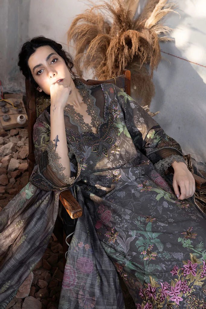 Model wearing dark floral embroidered Design 3B from Sobia Nazir's Fall Edit '24 collection. Pakistani winter clothes, casual pret available online in the UK.