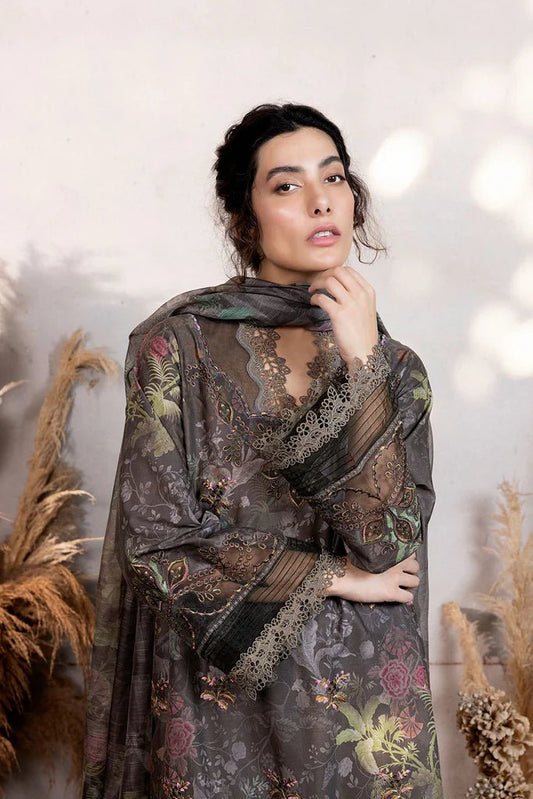 Model wearing dark floral embroidered Design 3B from Sobia Nazir's Fall Edit '24 collection. Pakistani winter clothes, casual pret available online in the UK.