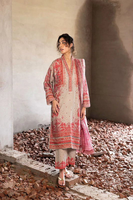 Model wearing beige and red embroidered Design 5A from Sobia Nazir's Fall Edit '24 collection. Pakistani winter clothes, casual pret available online in the UK.