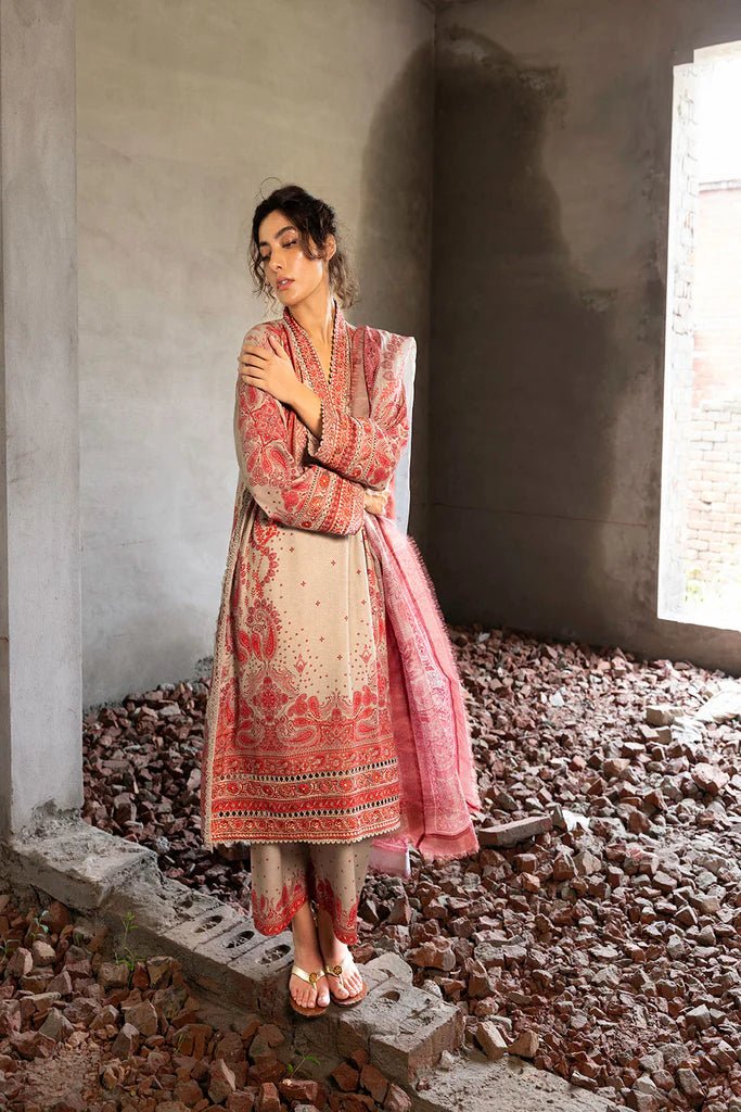 Model wearing beige and red embroidered Design 5A from Sobia Nazir's Fall Edit '24 collection. Pakistani winter clothes, casual pret available online in the UK.