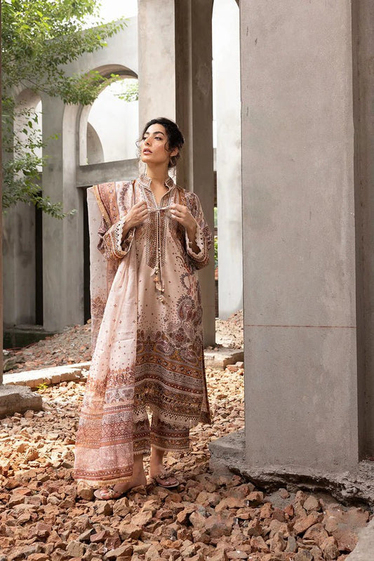 Model wearing beige and brown embroidered Design 5B from Sobia Nazir's Fall Edit '24 collection. Pakistani winter clothes, casual pret available online in the UK.