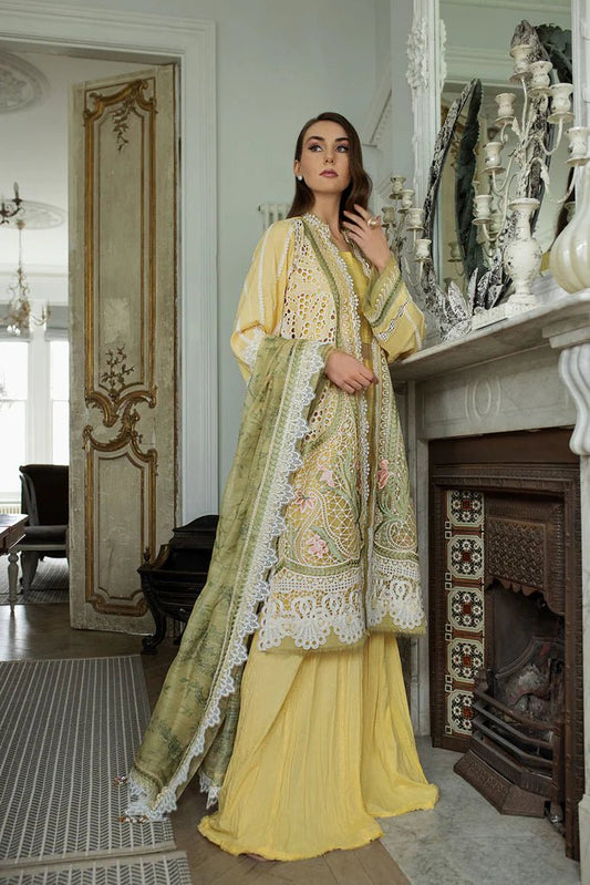 Model in Sobia Nazir DESIGN 11A, yellow luxury Pakistani lawn suit, perfect for UK fashionistas.