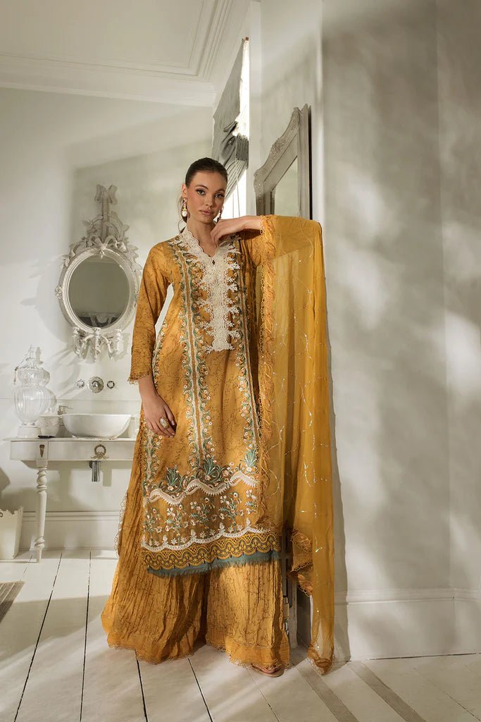 Model showcases Sobia Nazir DESIGN 13B, a luxurious mustard Pakistani lawn in the UK.