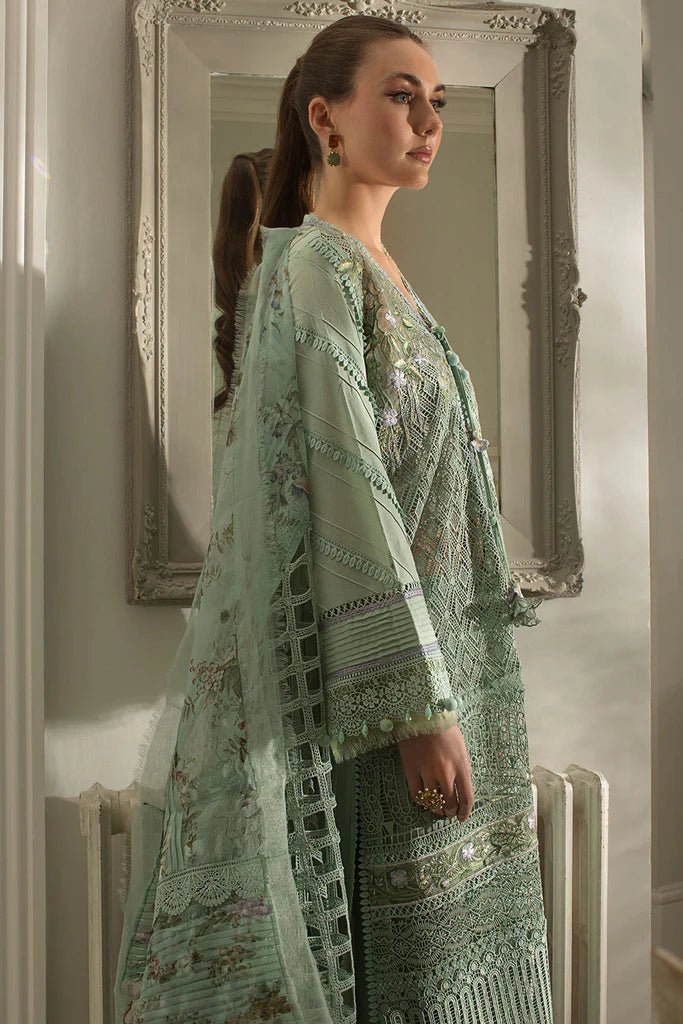 Model in refreshing Sobia Nazir DESIGN 6B, light green Pakistani luxury lawn in UK.