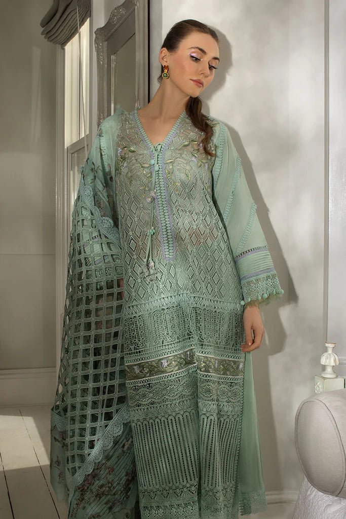 Model in refreshing Sobia Nazir DESIGN 6B, light green Pakistani luxury lawn in UK.