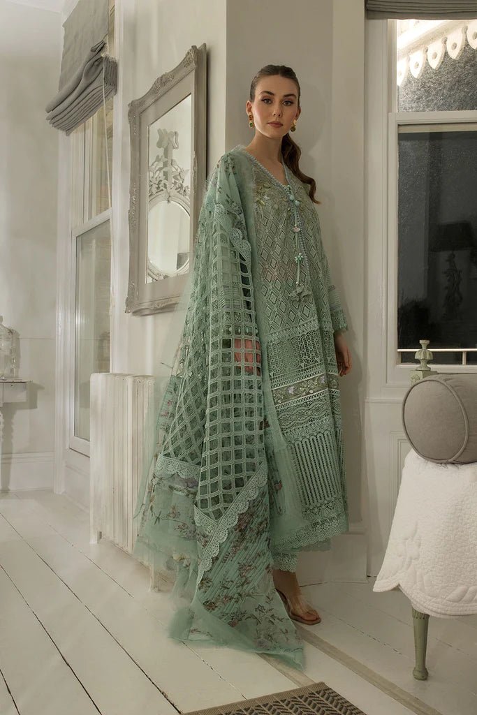 Model in refreshing Sobia Nazir DESIGN 6B, light green Pakistani luxury lawn in UK.