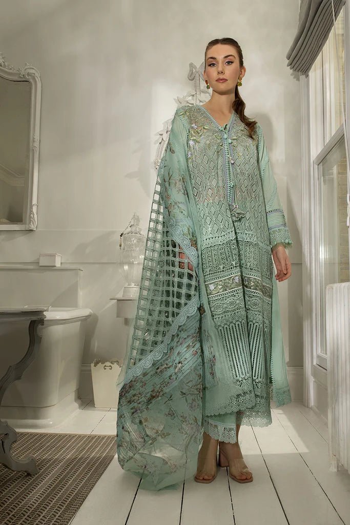 Model in refreshing Sobia Nazir DESIGN 6B, light green Pakistani luxury lawn in UK.