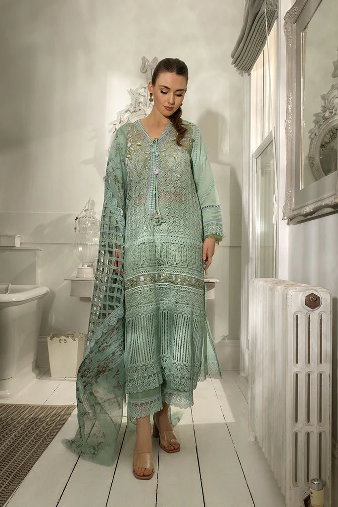 Model in refreshing Sobia Nazir DESIGN 6B, light green Pakistani luxury lawn in UK.