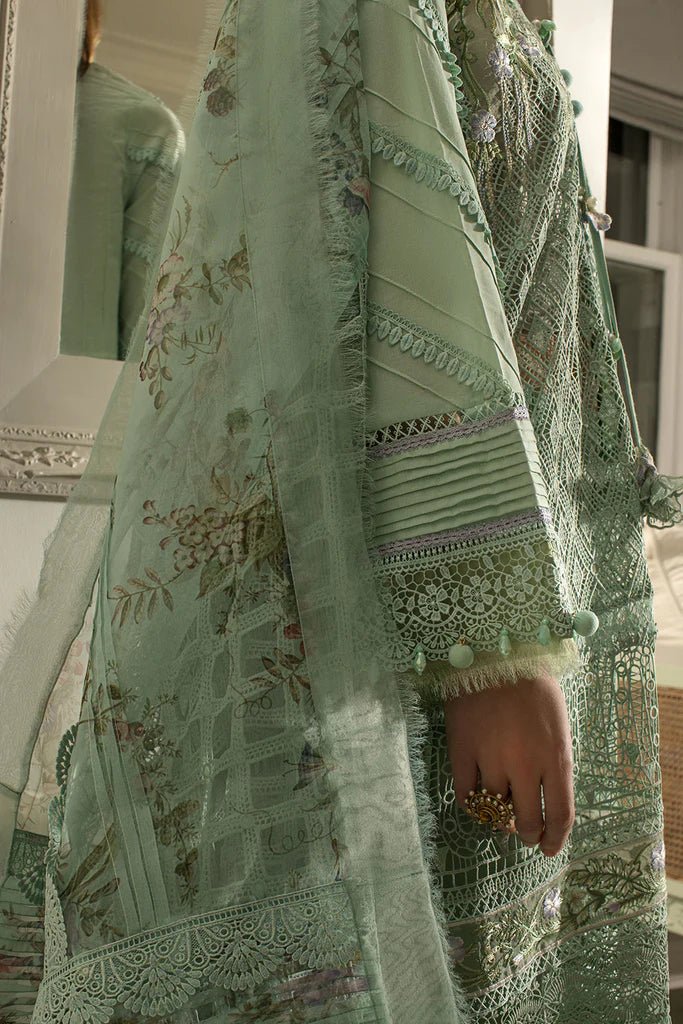 Model in refreshing Sobia Nazir DESIGN 6B, light green Pakistani luxury lawn in UK.