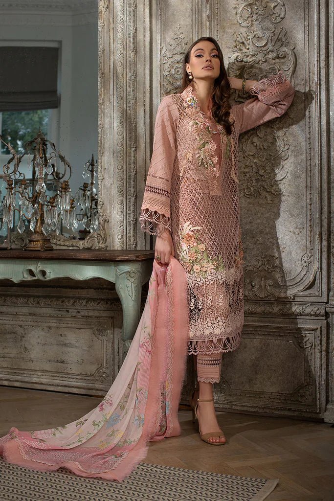 Elegant Sobia Nazir DESIGN 7B, a blush pink Pakistani lawn dress, captures UK's latest ethnic trends.