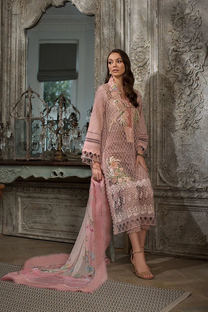 Elegant Sobia Nazir DESIGN 7B, a blush pink Pakistani lawn dress, captures UK's latest ethnic trends.