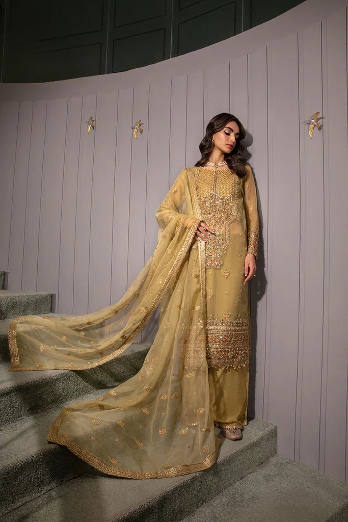 Model wearing Sobia Nazir's Design 01 from Luxury Pret '24, showcasing Pakistani fashion online in the UK.