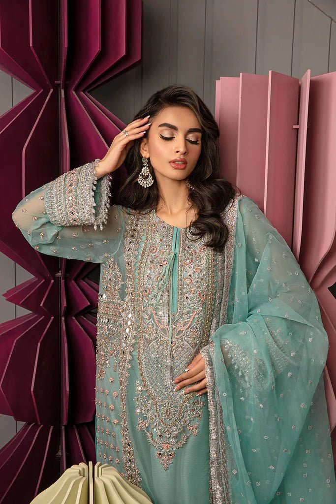 Model wearing Sobia Nazir's Design 02 from Luxury Pret '24, showcasing Pakistani fashion online in the UK.