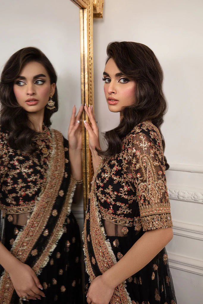 Model wearing Sobia Nazir's Luxury Pret '24 Design 07 dress, showcasing Pakistani fashion online in the UK.